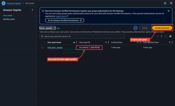User pools list — create pool and note User pool ID