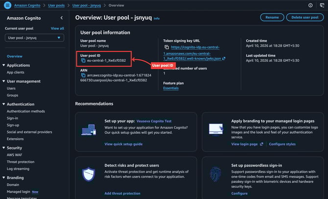 User pool overview — User pool ID