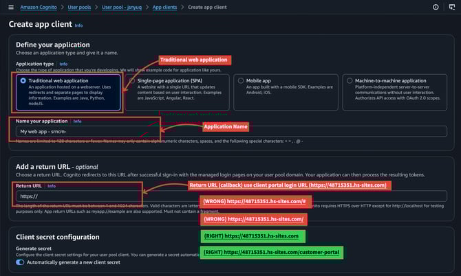Create app client — type, callback URL, client secret